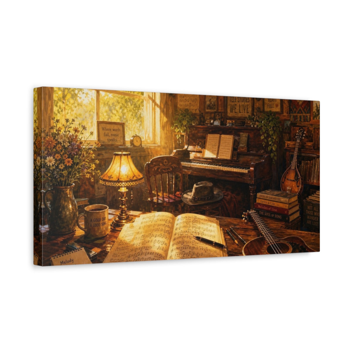 Side Mockup 3. Sunlit Melody At Piano shown as canvas print