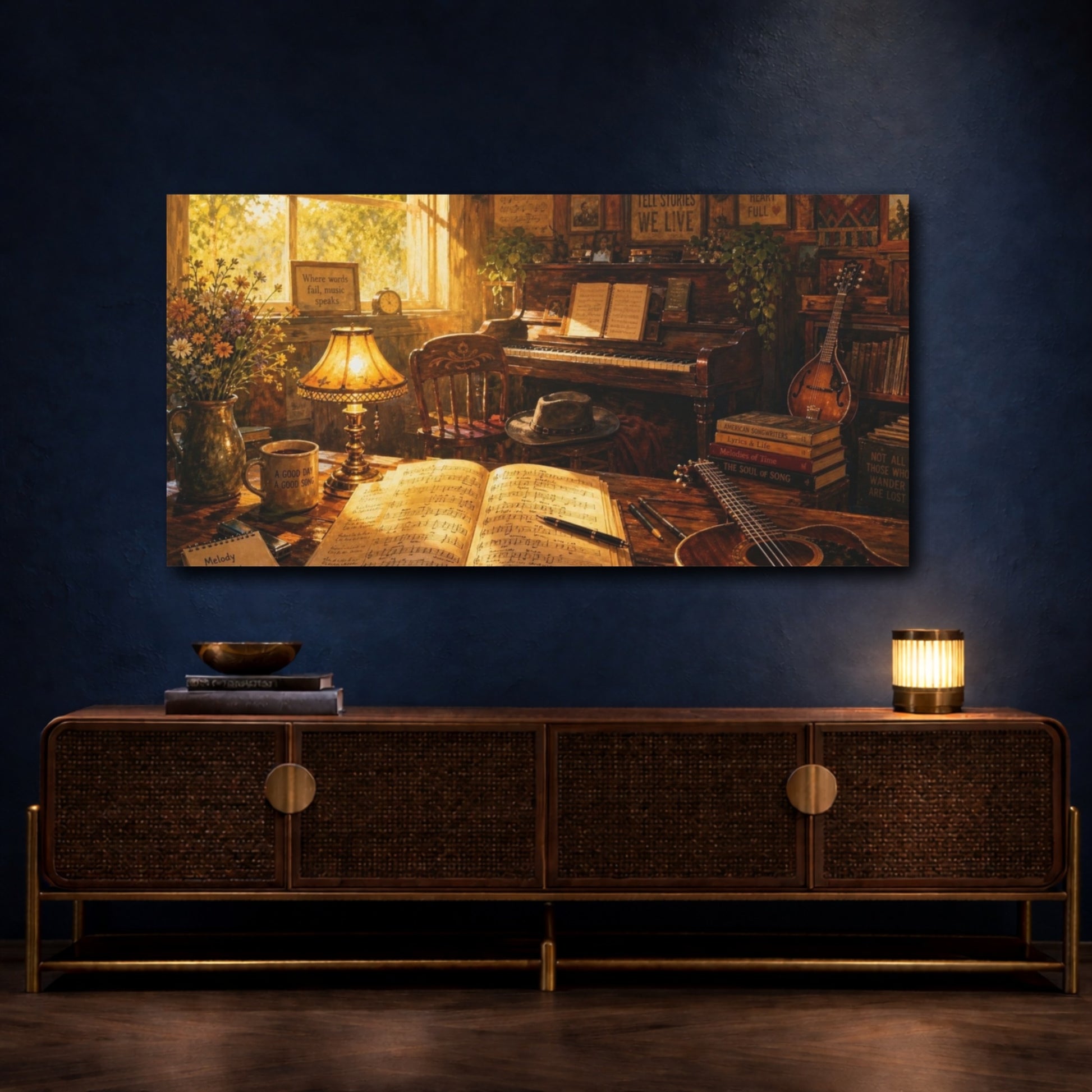 Mockup 4. Sunlit Melody At Piano shown as canvas print