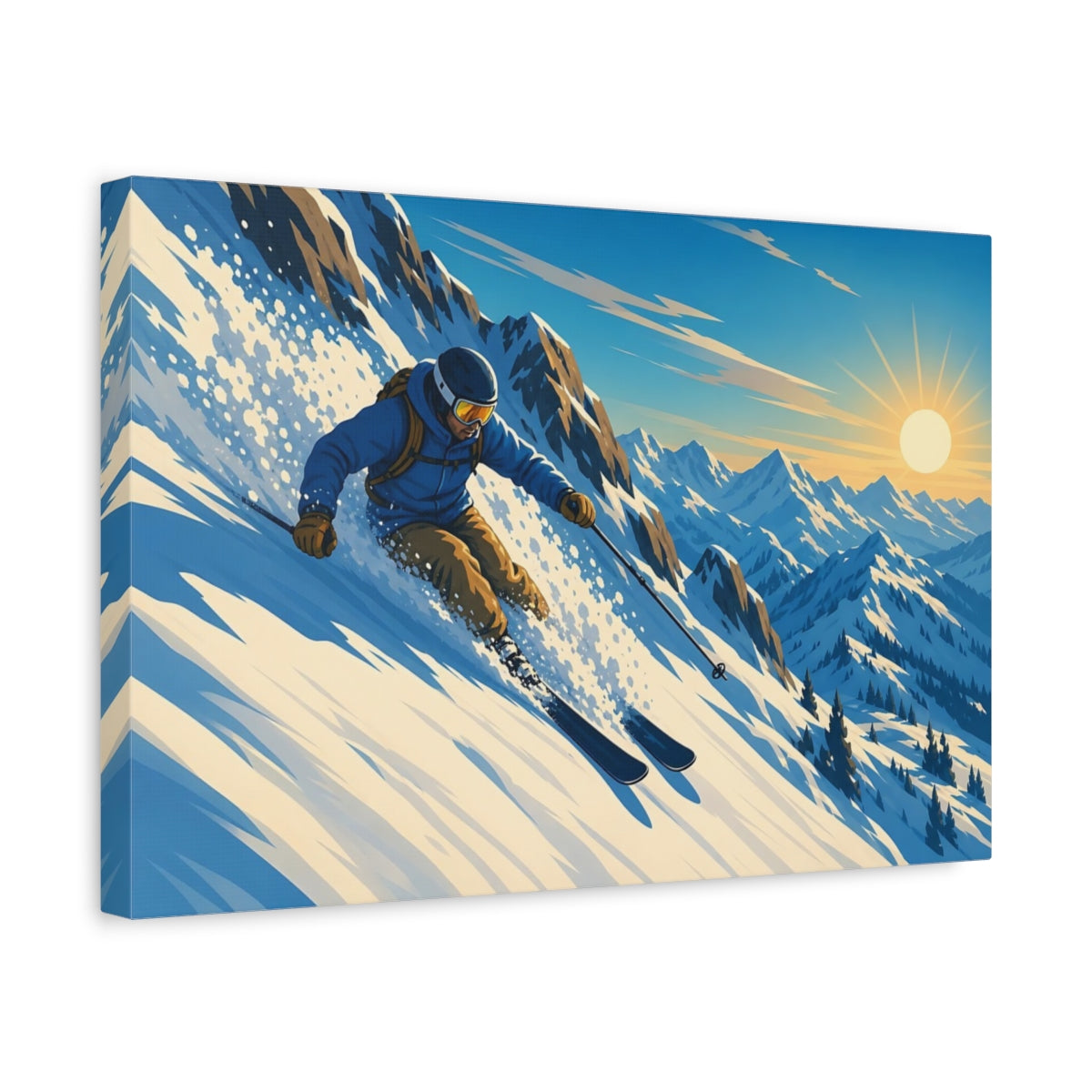 Side Mockup 4. Sunlit Mountain Skier shown as canvas print