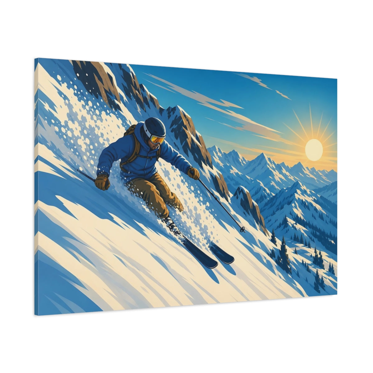Side Mockup 1. Sunlit Mountain Skier shown as canvas print