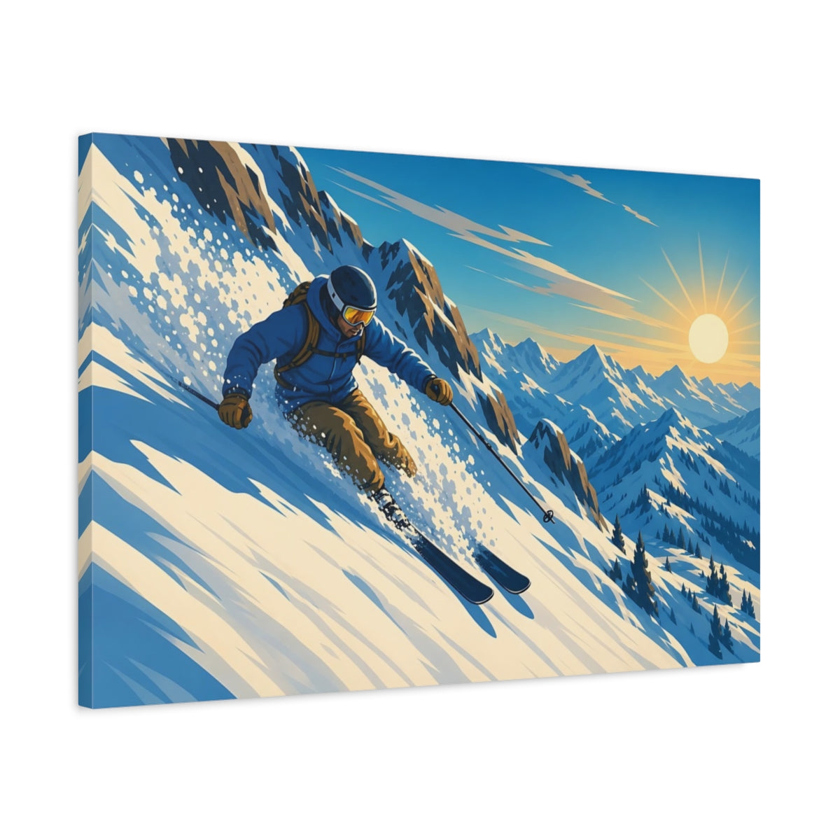 Side Mockup 2. Sunlit Mountain Skier shown as canvas print