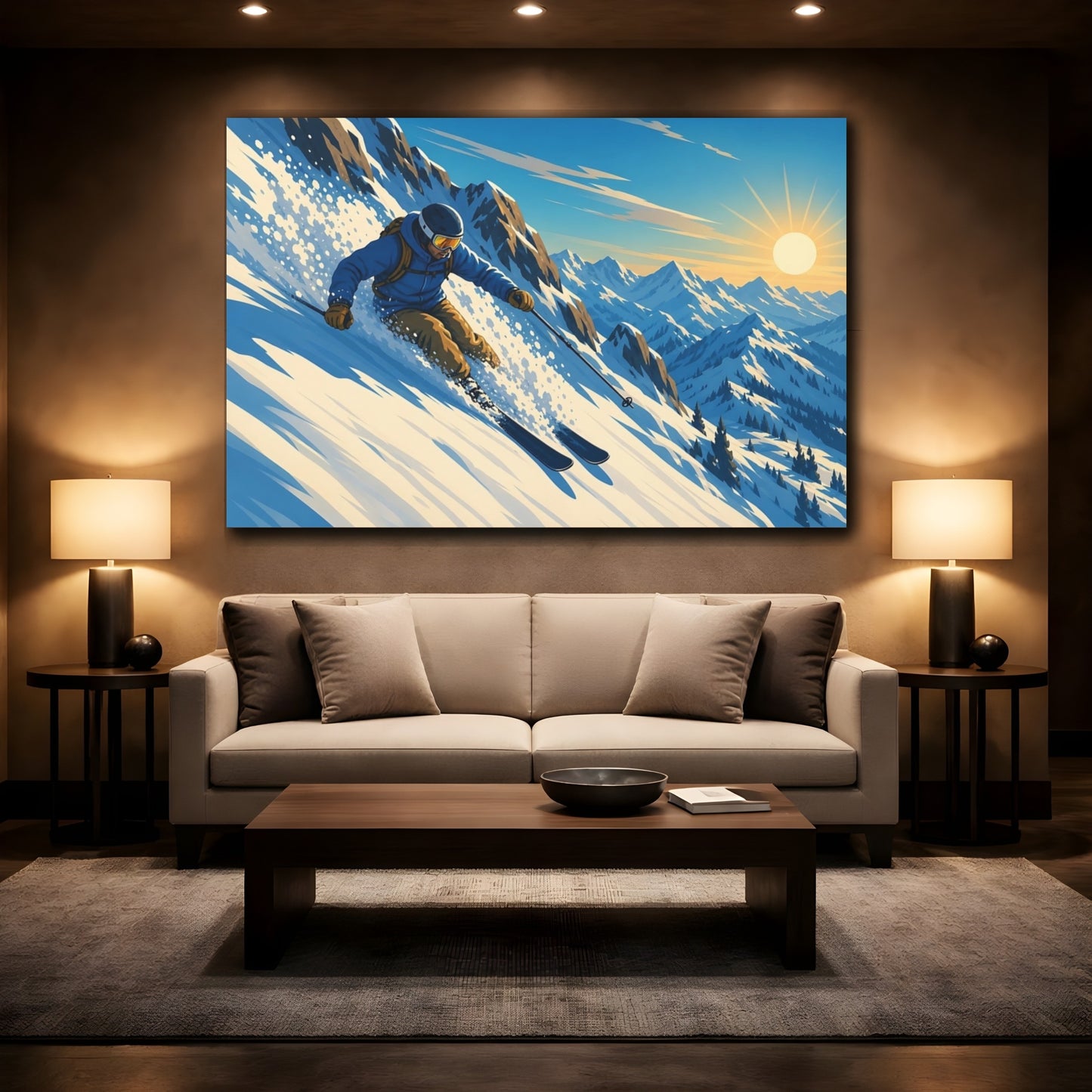 Mockup 2. Sunlit Mountain Skier shown as canvas print