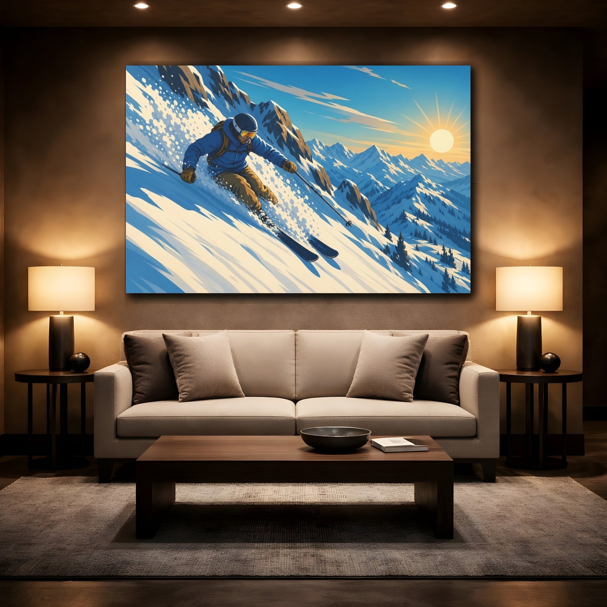 Mockup 2. Sunlit Mountain Skier shown as canvas print