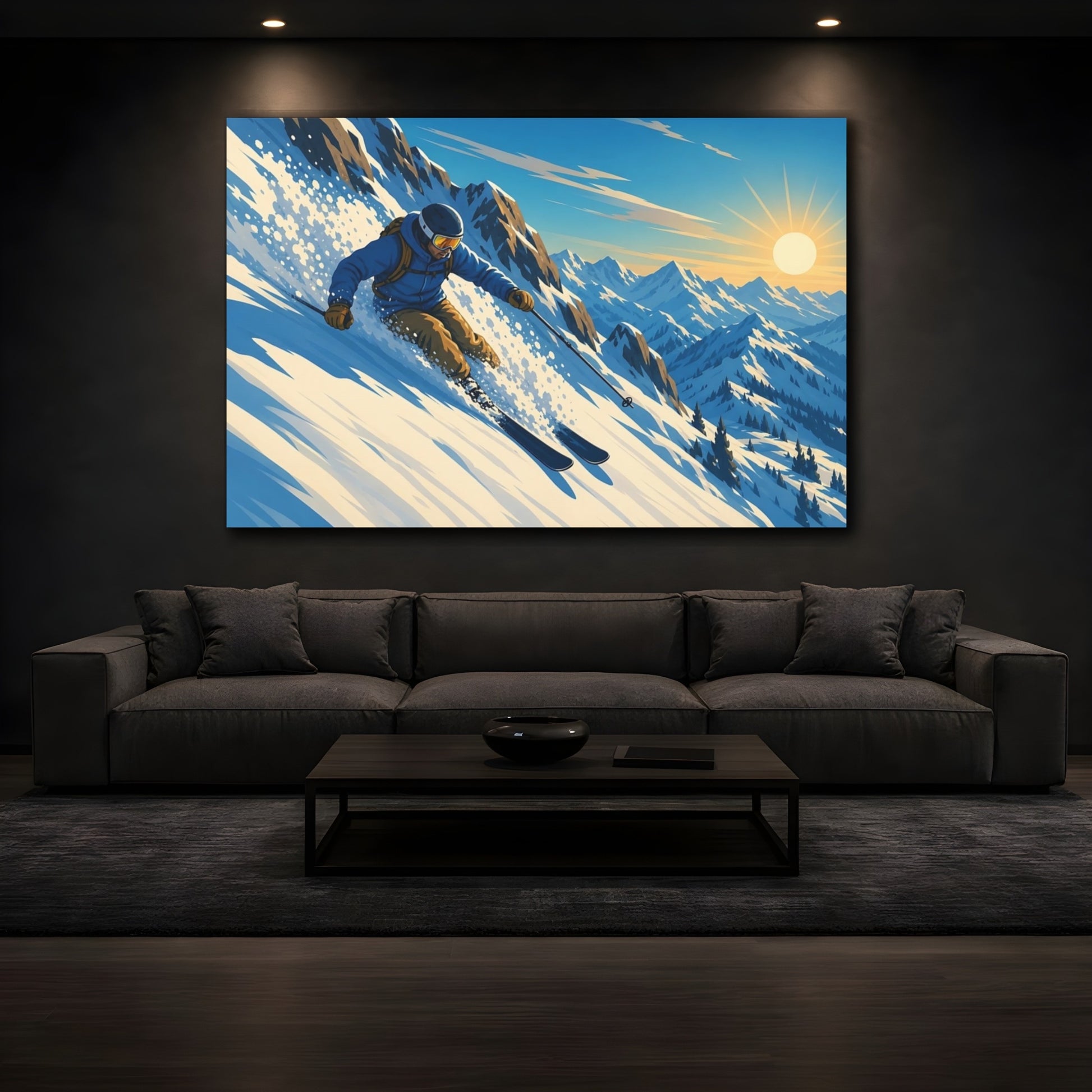 Mockup 3. Sunlit Mountain Skier shown as canvas print