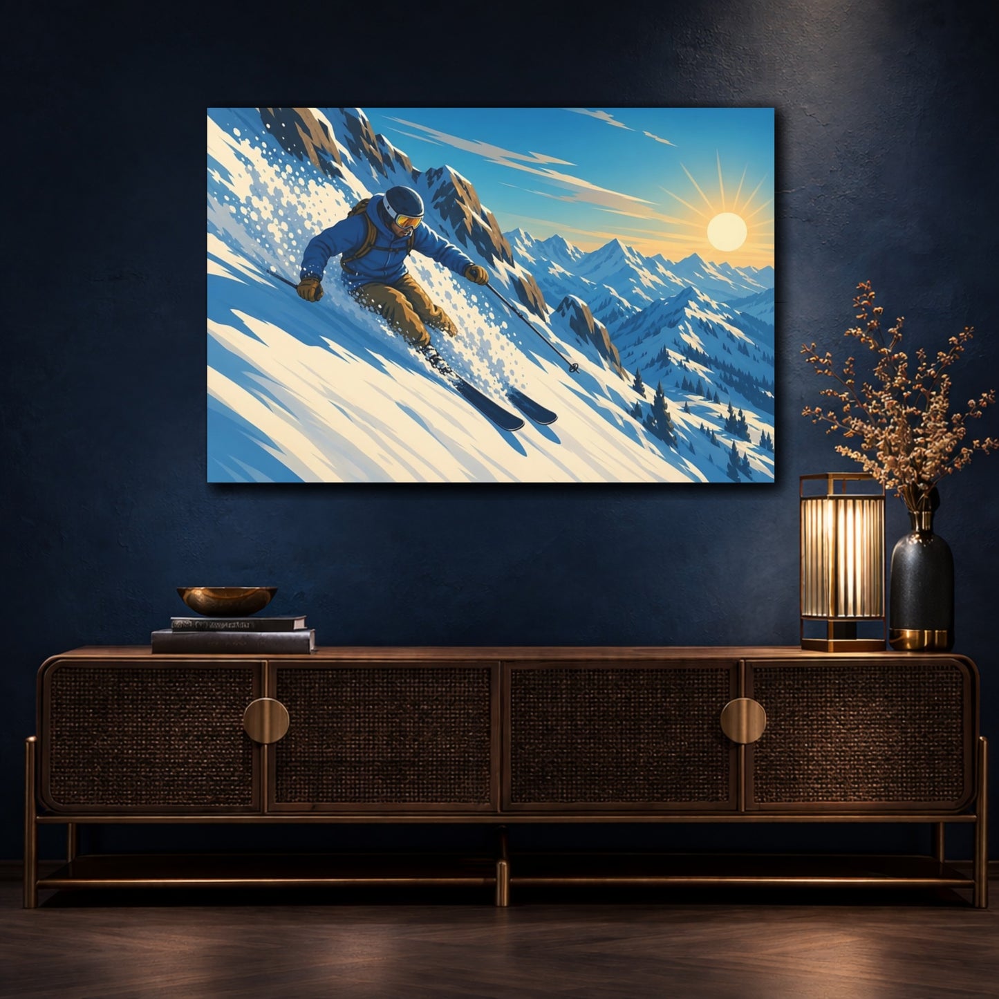 Mockup 4. Sunlit Mountain Skier shown as canvas print