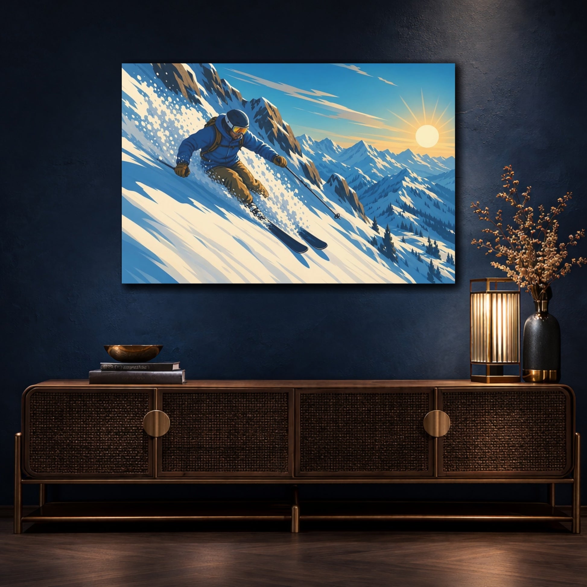 Mockup 4. Sunlit Mountain Skier shown as canvas print