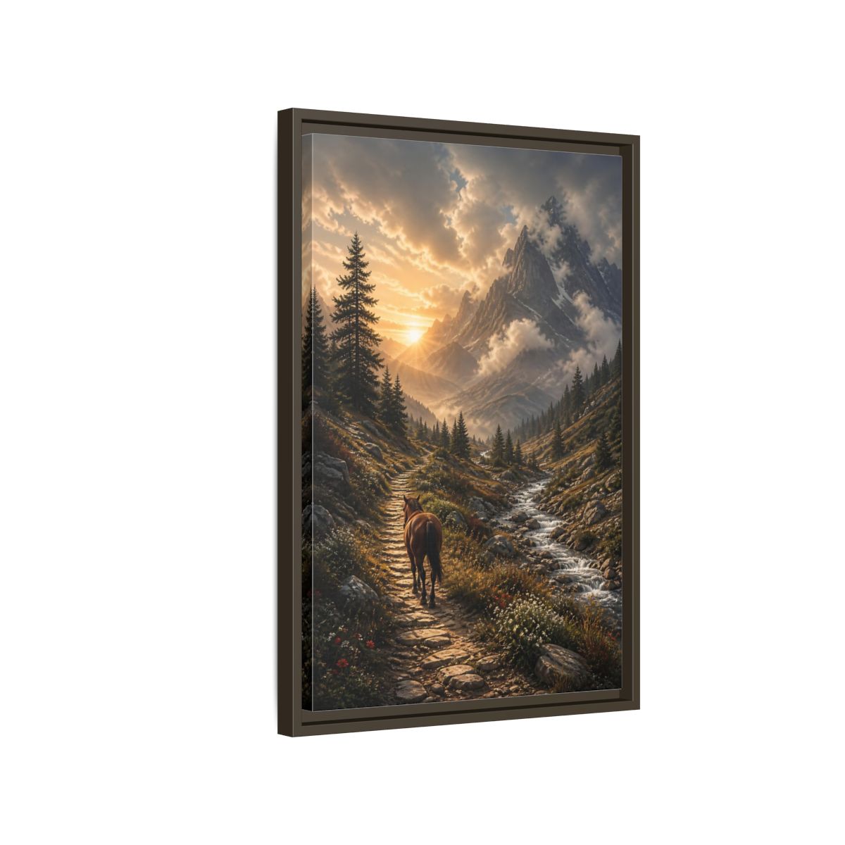 Side Mockup 2. Sunlit Mountain Trail shown as framed canvas print