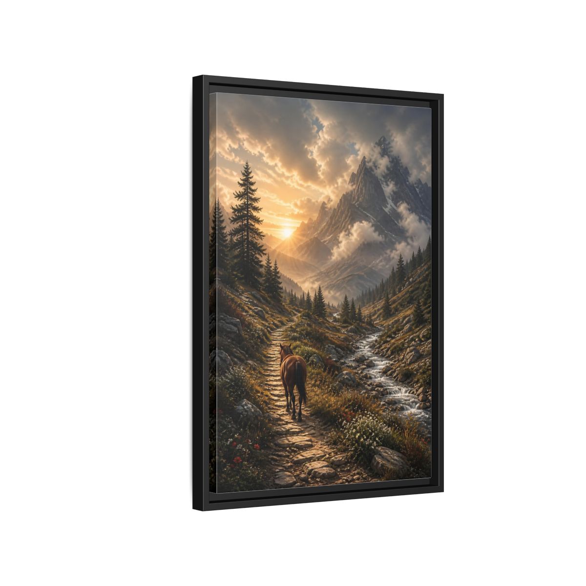 Side Mockup 3. Sunlit Mountain Trail shown as framed canvas print