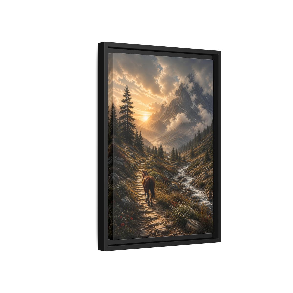 Side Mockup 6. Sunlit Mountain Trail shown as framed canvas print
