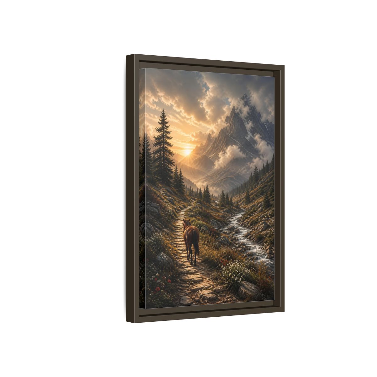 Side Mockup 5. Sunlit Mountain Trail shown as framed canvas print