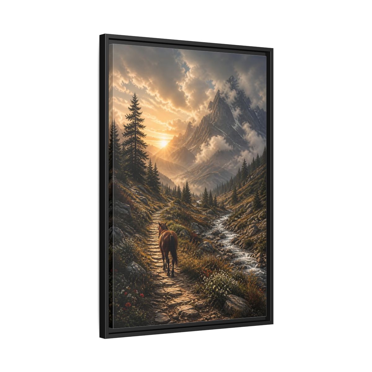 Side Mockup 14. Sunlit Mountain Trail shown as framed canvas print