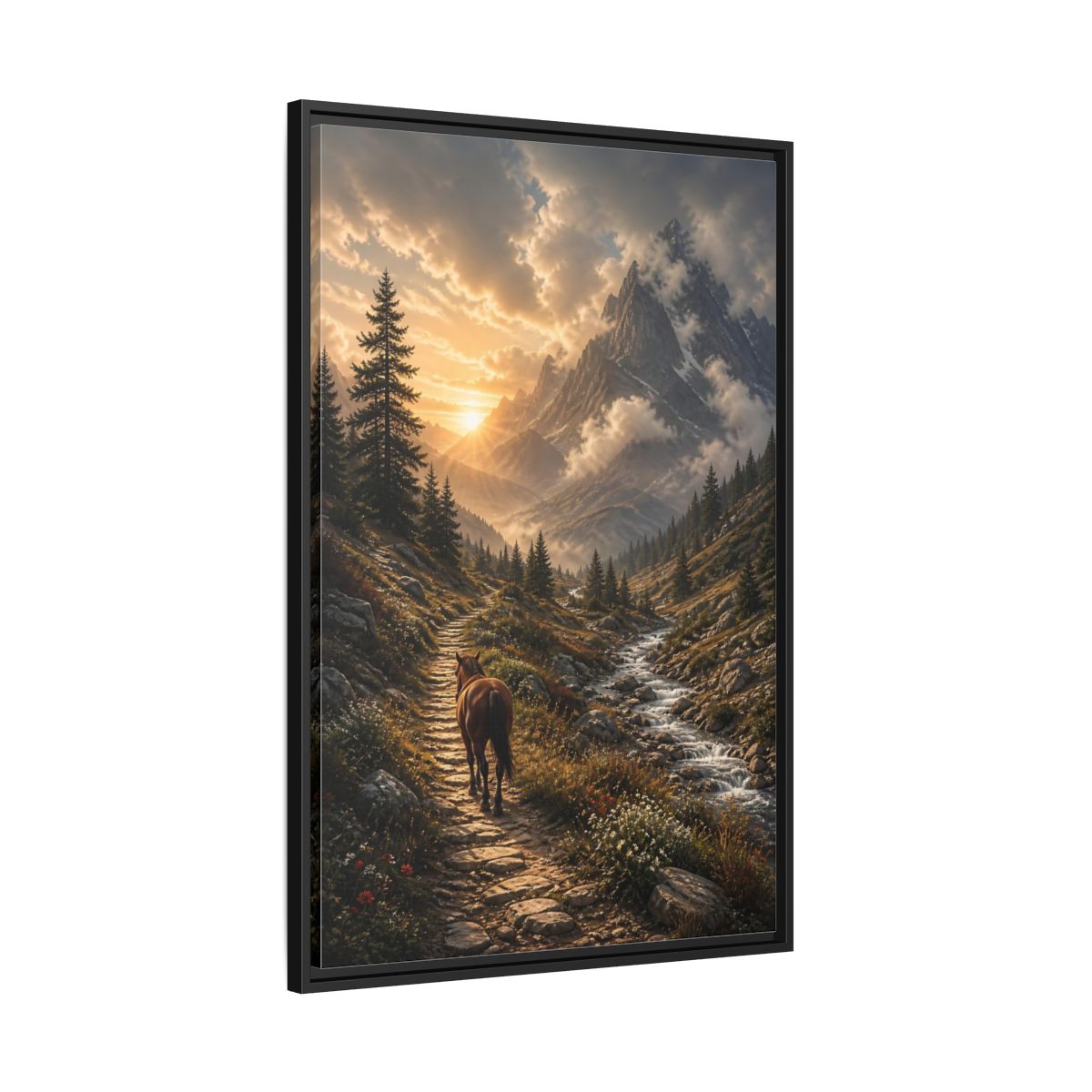 Side Mockup 13. Sunlit Mountain Trail shown as framed canvas print