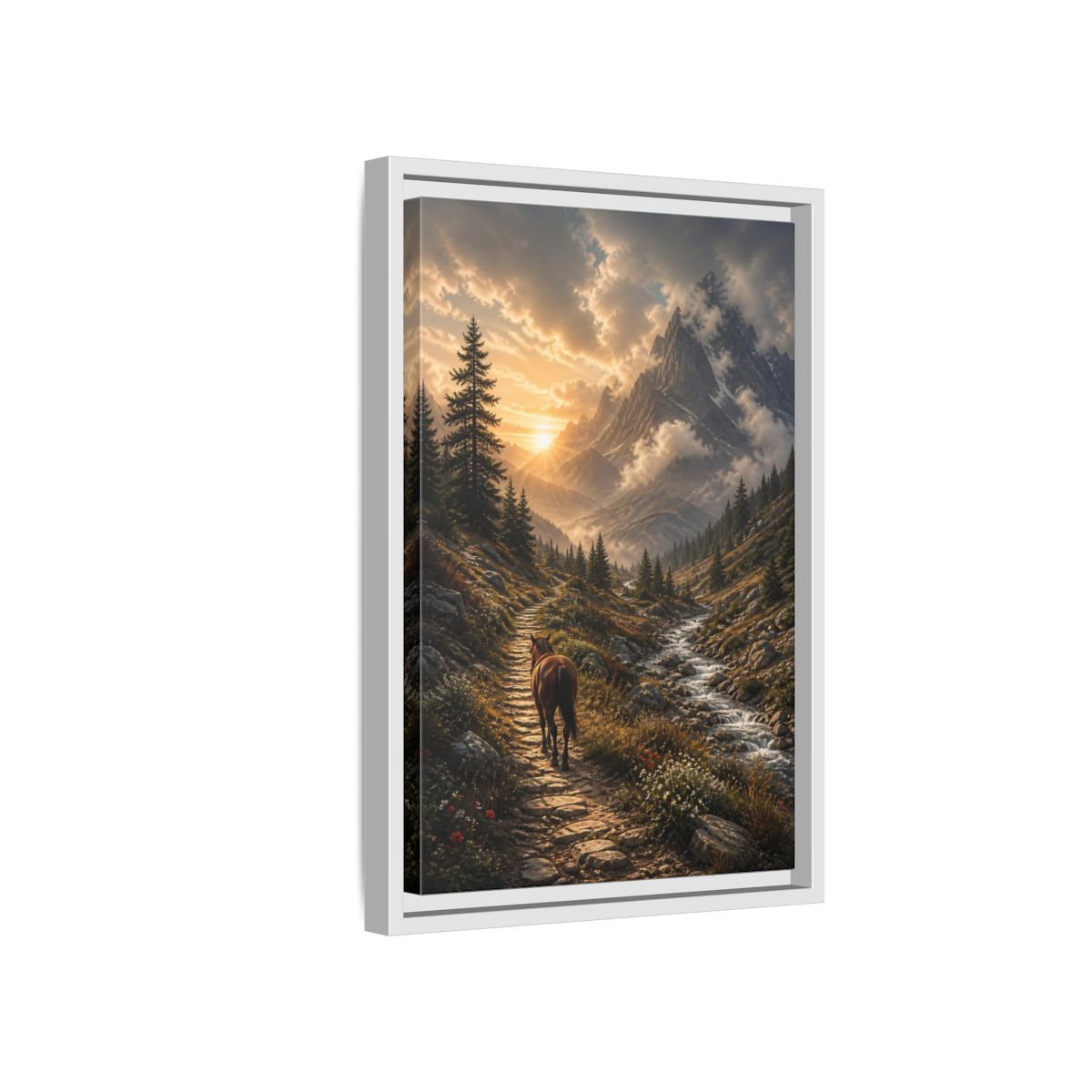Side Mockup 4. Sunlit Mountain Trail shown as framed canvas print