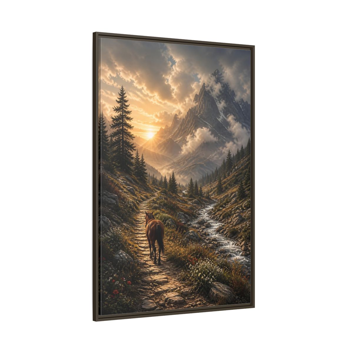 Side Mockup 8. Sunlit Mountain Trail shown as framed canvas print
