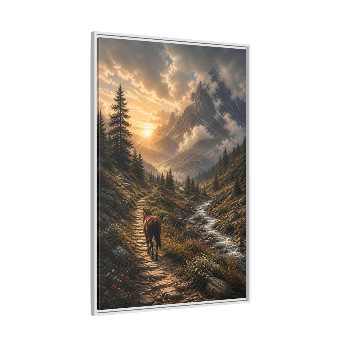 Side Mockup 7. Sunlit Mountain Trail shown as framed canvas print