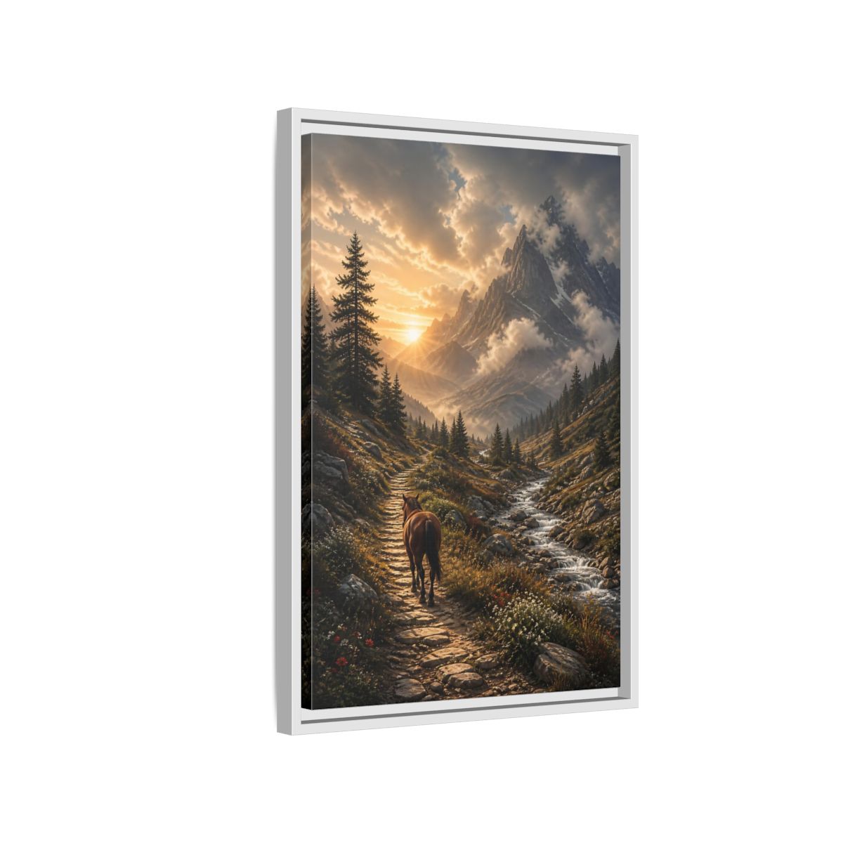 Side Mockup 1. Sunlit Mountain Trail shown as framed canvas print