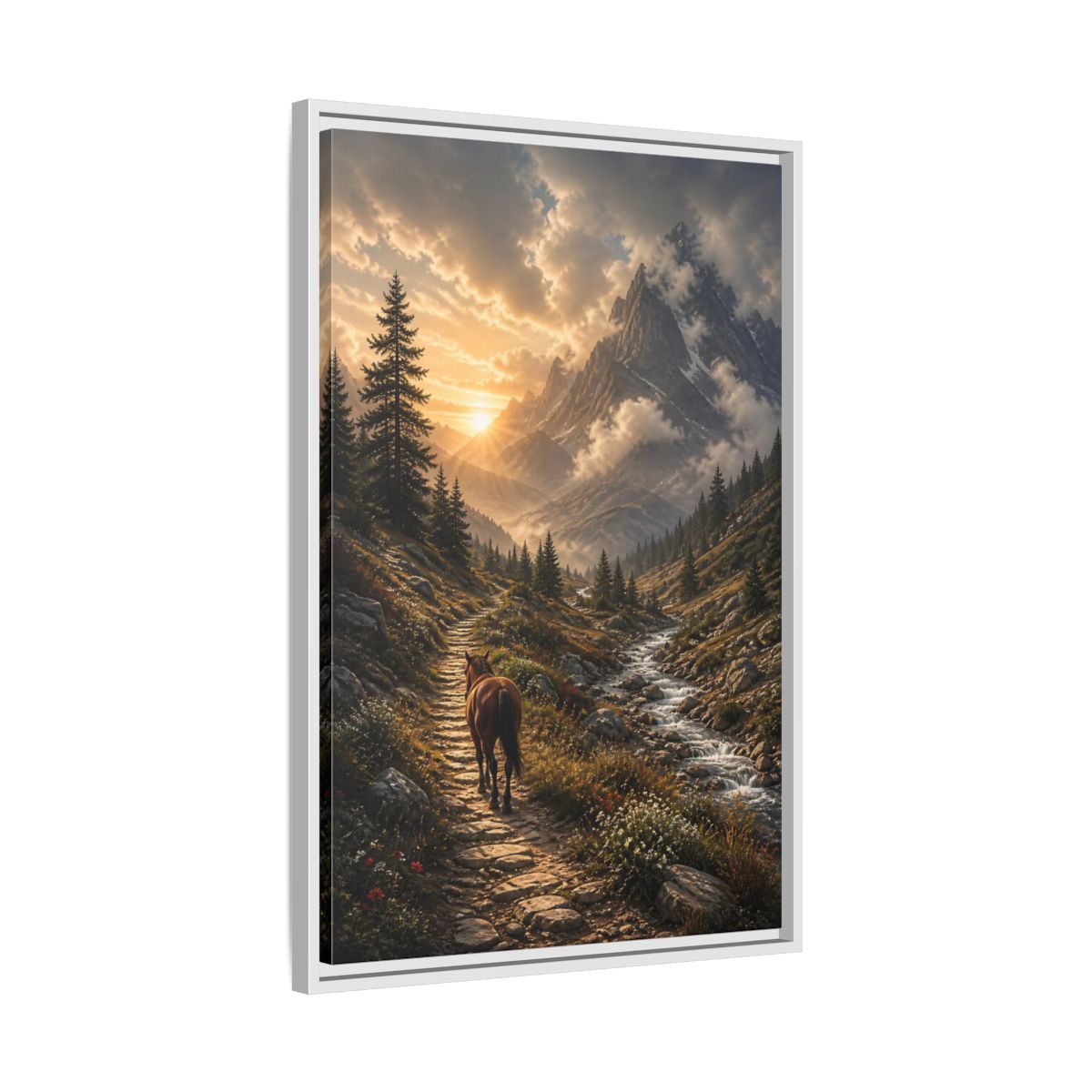Side Mockup 10. Sunlit Mountain Trail shown as framed canvas print