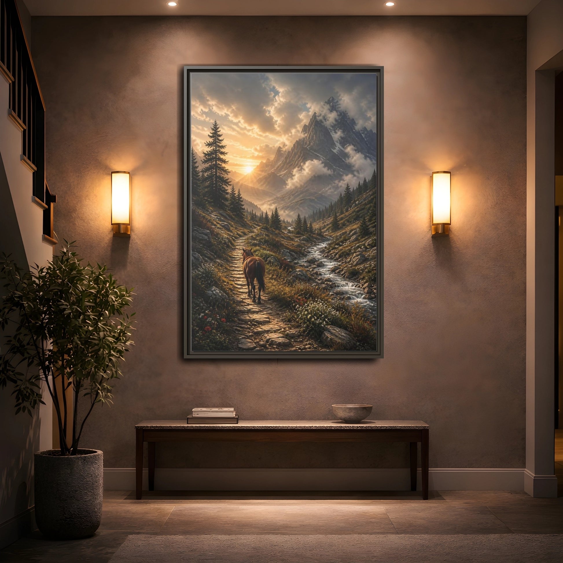 Mockup 2. Sunlit Mountain Trail shown as framed canvas print