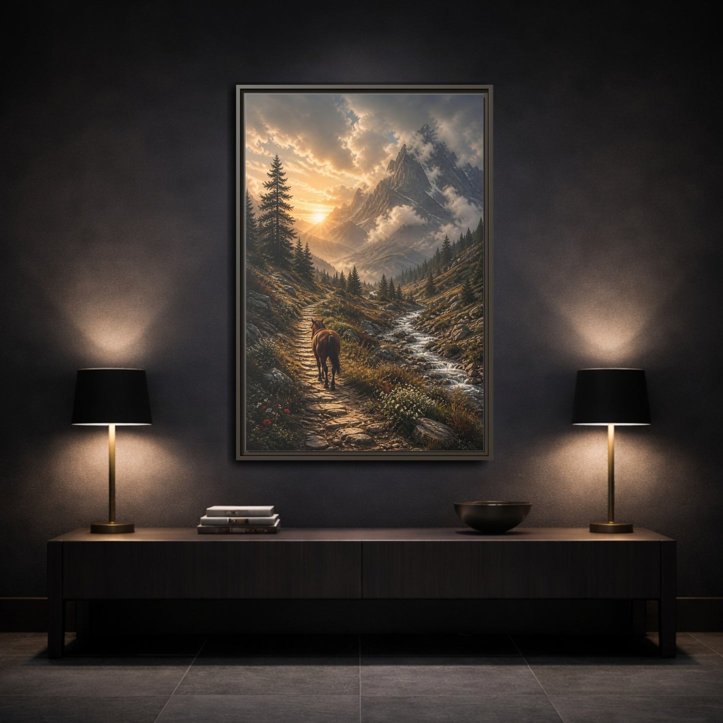 Mockup 3. Sunlit Mountain Trail shown as framed canvas print