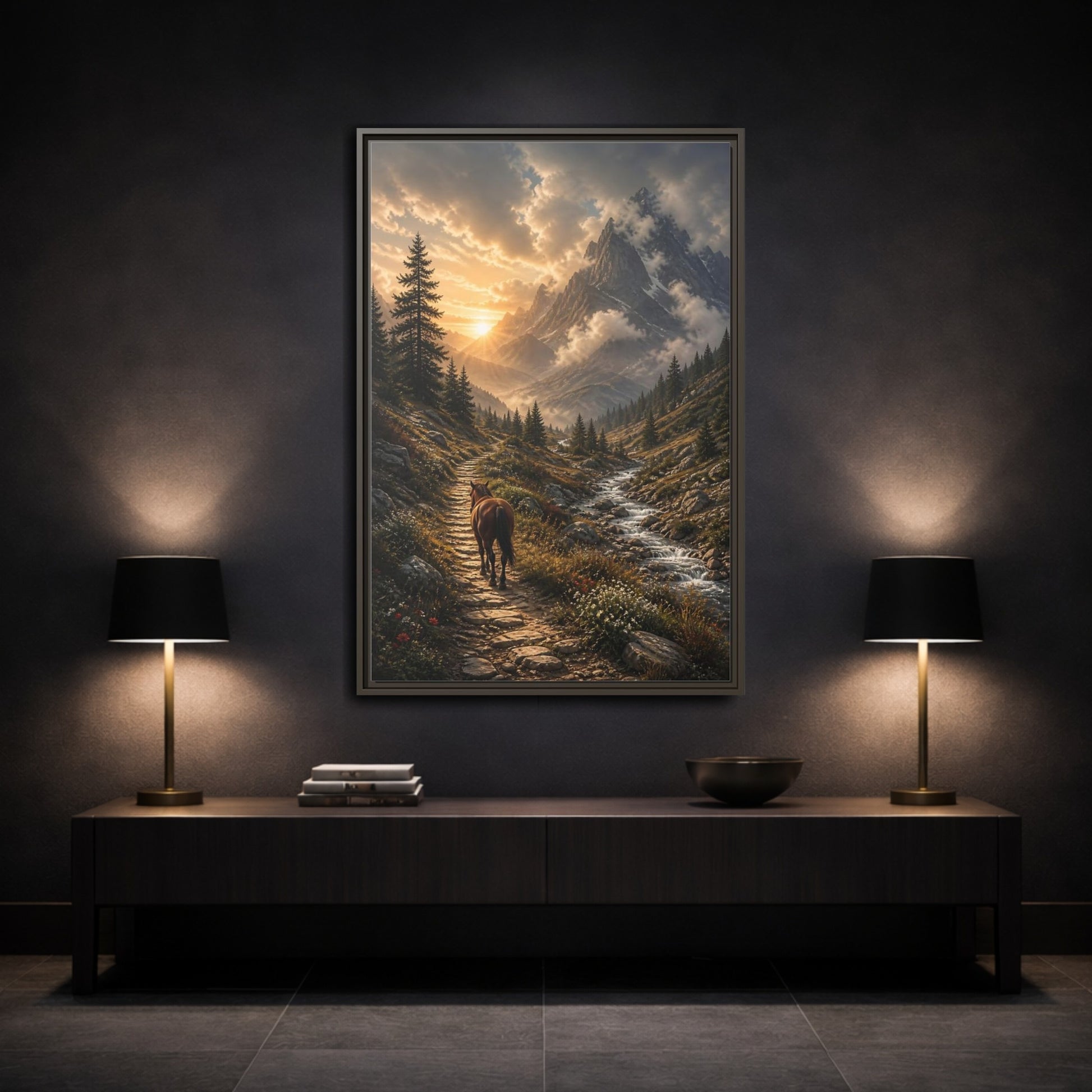Mockup 3. Sunlit Mountain Trail shown as framed canvas print