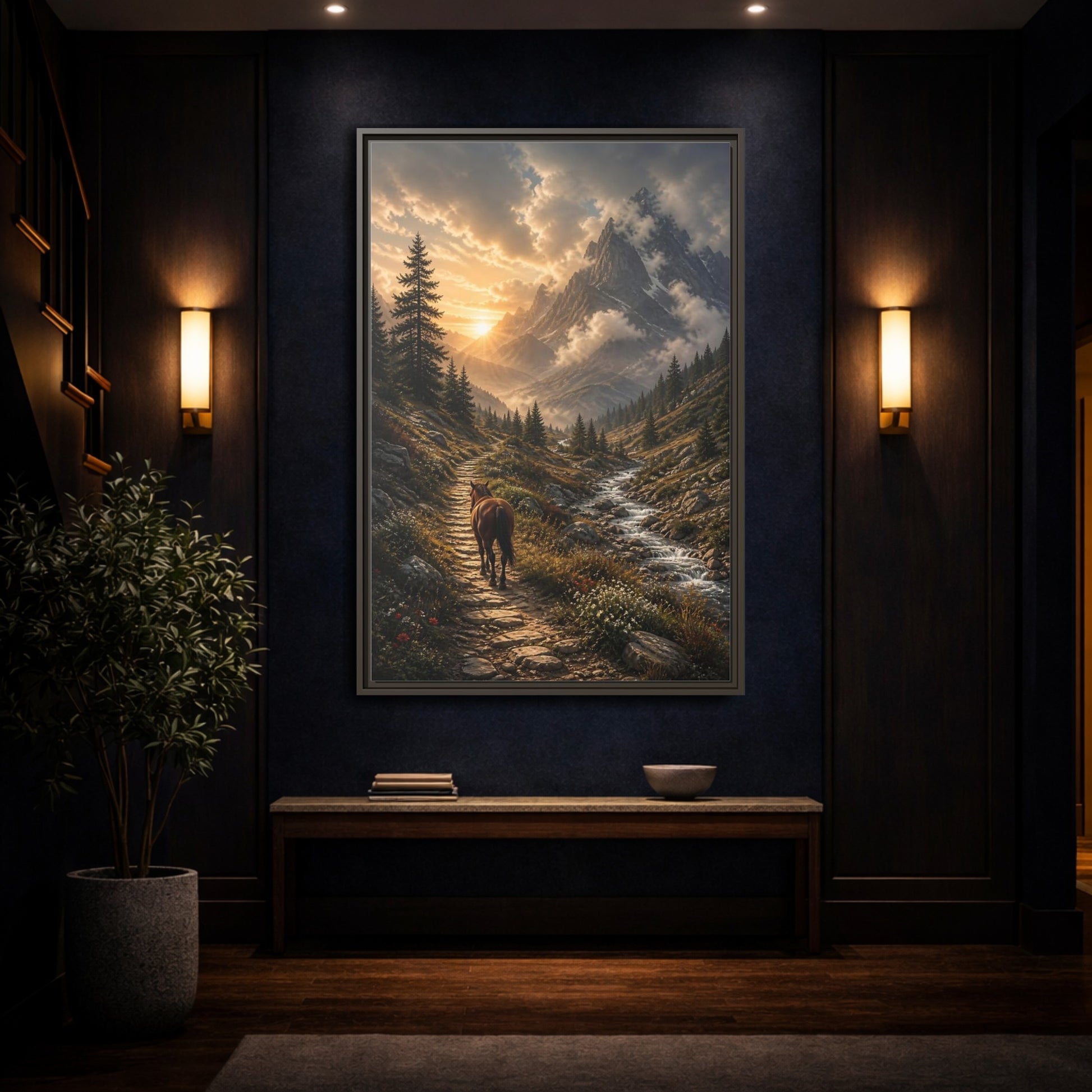 Mockup 4. Sunlit Mountain Trail shown as framed canvas print