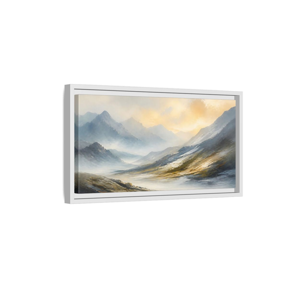 Side Mockup 6. Sunlit Mountain Valley shown as framed canvas print