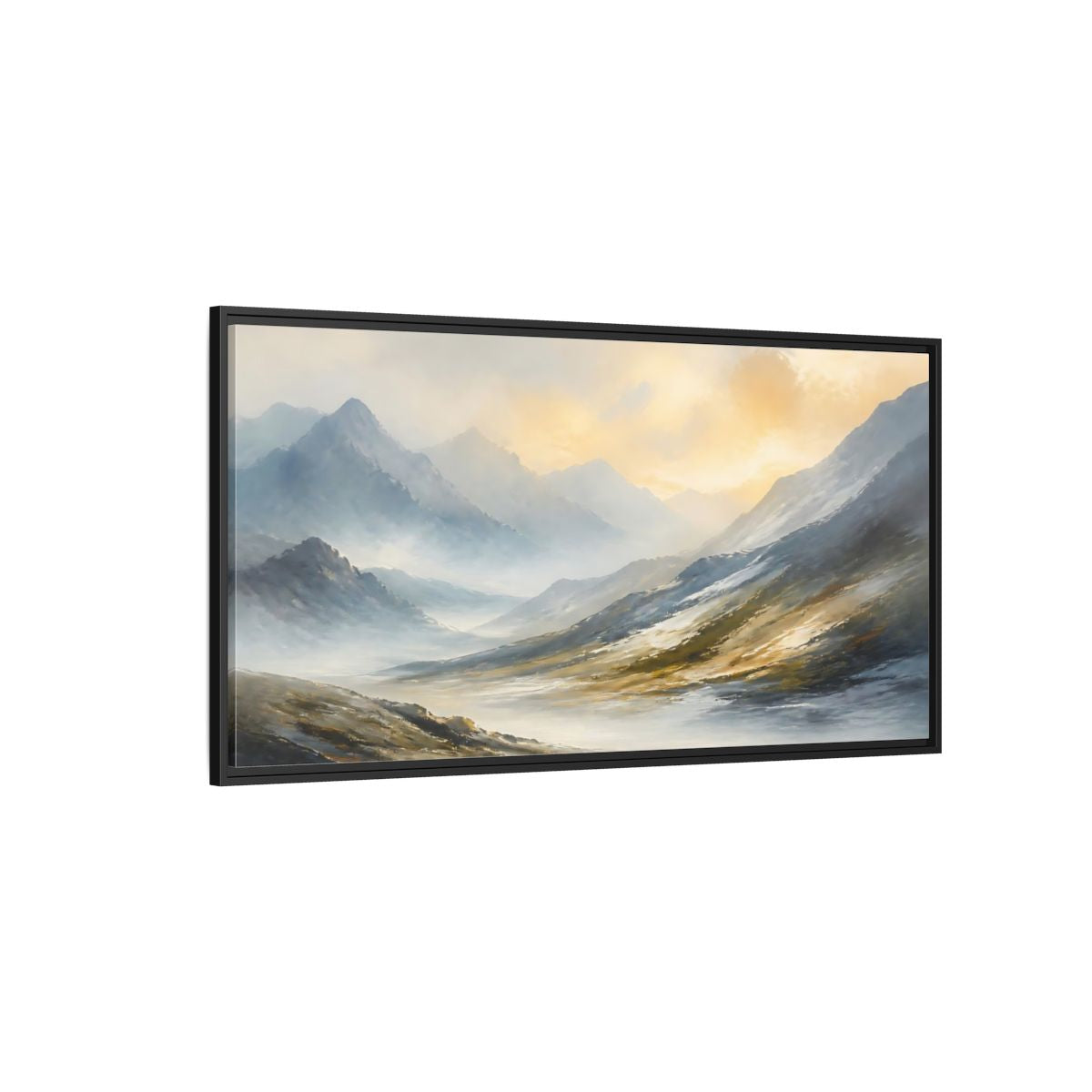 Side Mockup 5. Sunlit Mountain Valley shown as framed canvas print