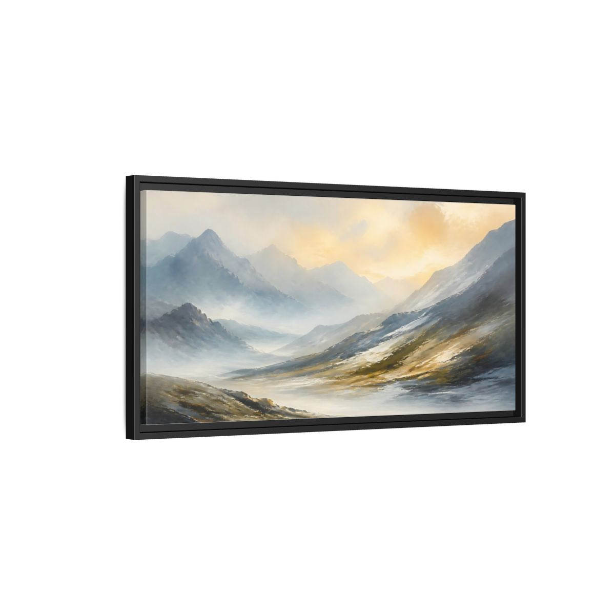 Side Mockup 2. Sunlit Mountain Valley shown as framed canvas print