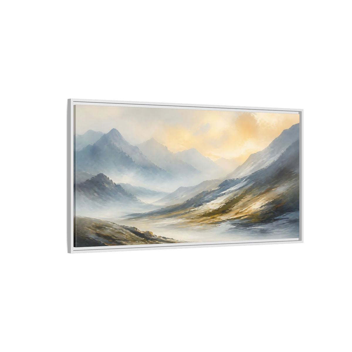 Side Mockup 3. Sunlit Mountain Valley shown as framed canvas print