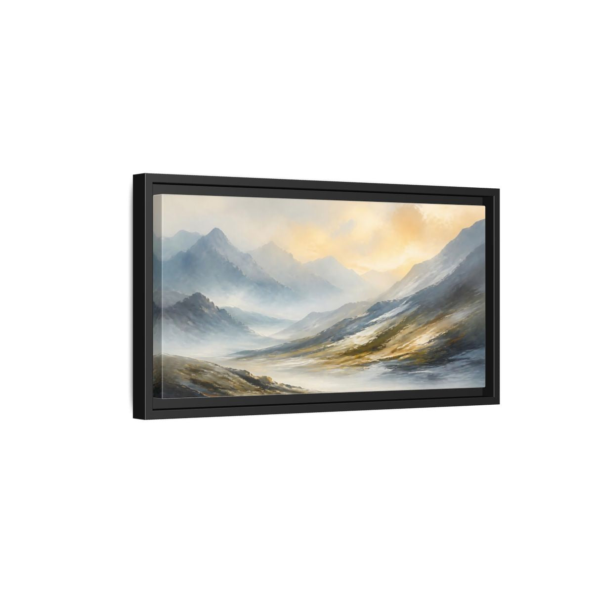 Side Mockup 8. Sunlit Mountain Valley shown as framed canvas print