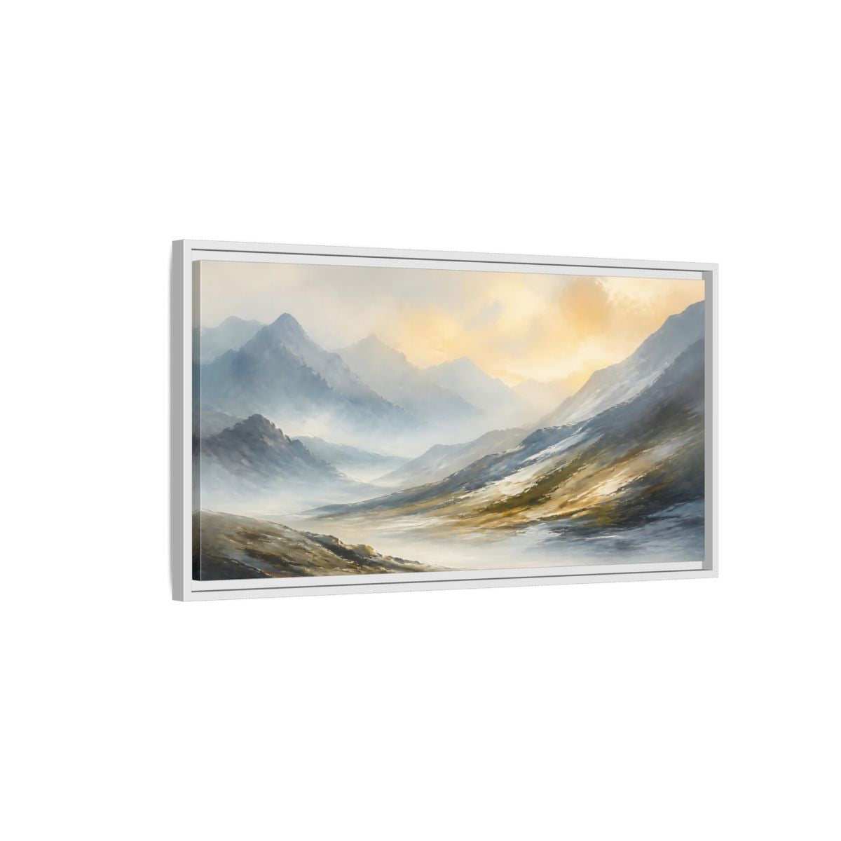 Side Mockup 1. Sunlit Mountain Valley shown as framed canvas print