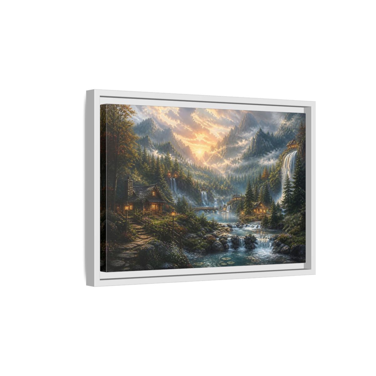 Side Mockup 4. Sunlit Mountain Valley Retreat shown as framed canvas print