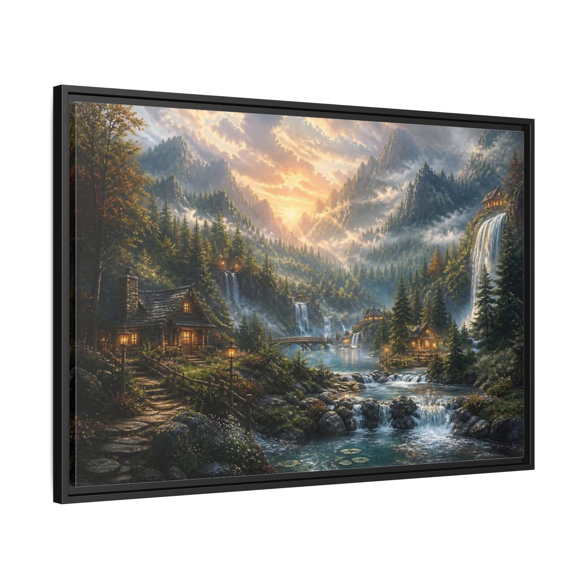 Side Mockup 13. Sunlit Mountain Valley Retreat shown as framed canvas print