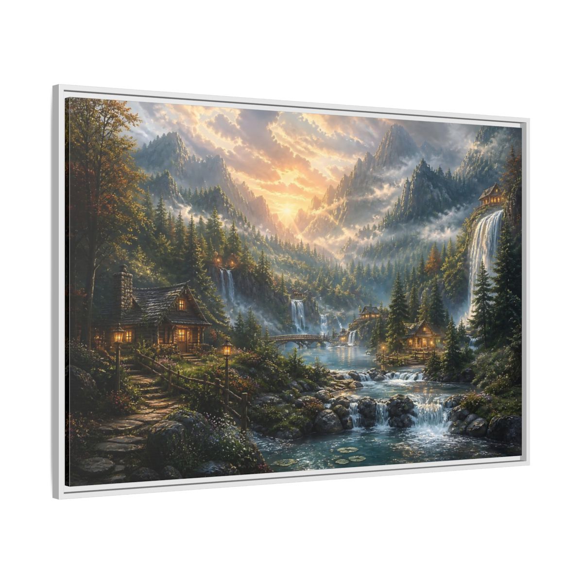 Side Mockup 7. Sunlit Mountain Valley Retreat shown as framed canvas print