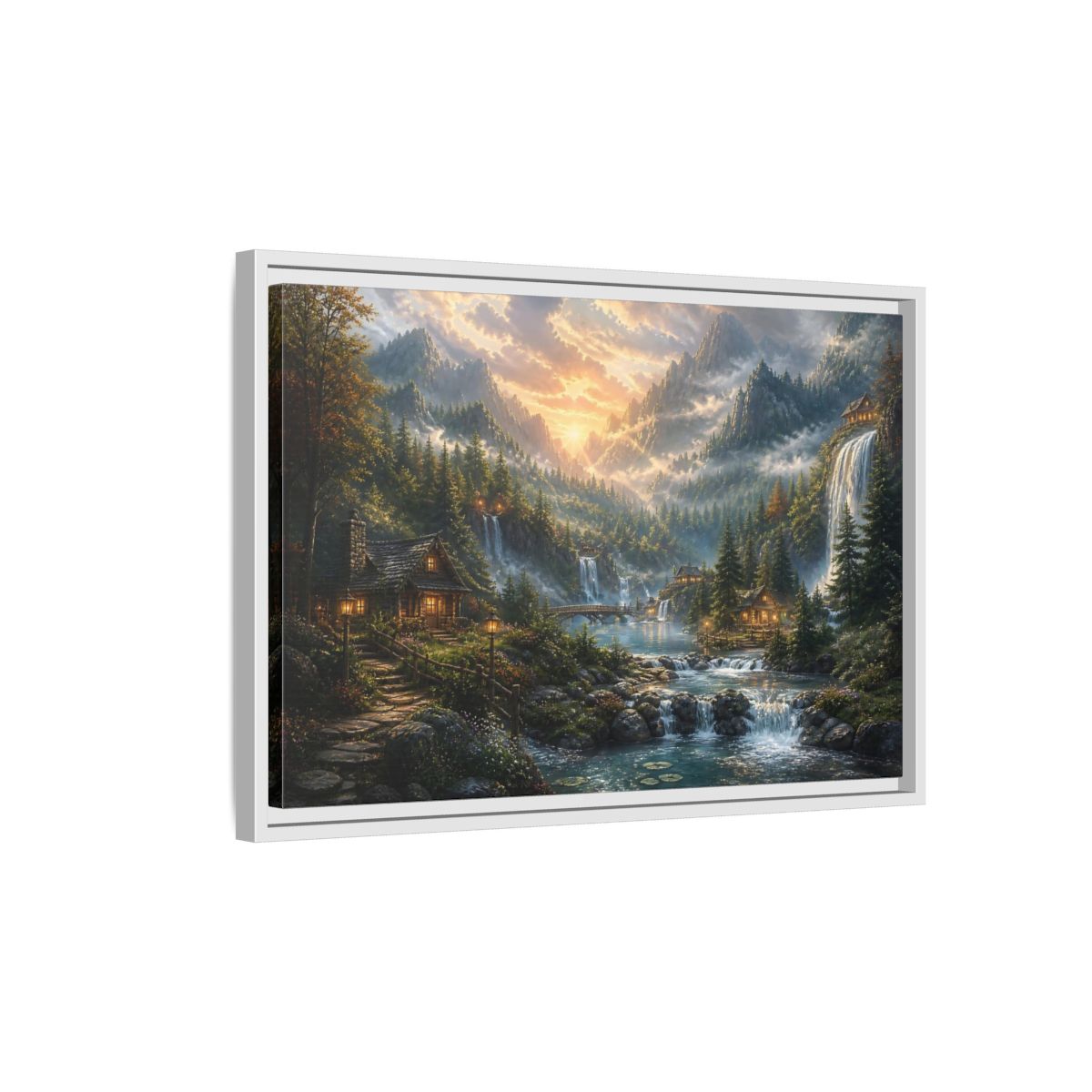Side Mockup 1. Sunlit Mountain Valley Retreat shown as framed canvas print