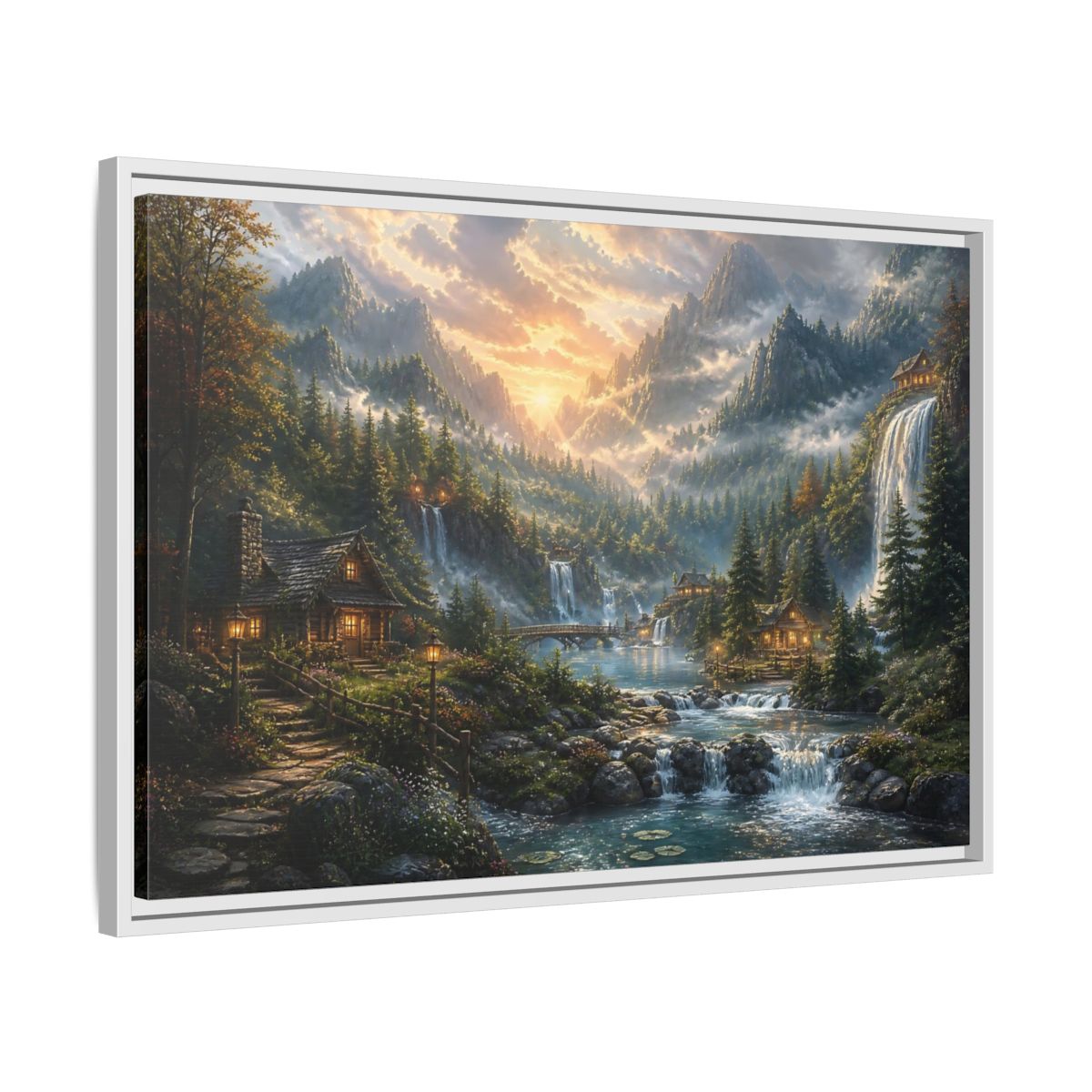 Side Mockup 10. Sunlit Mountain Valley Retreat shown as framed canvas print