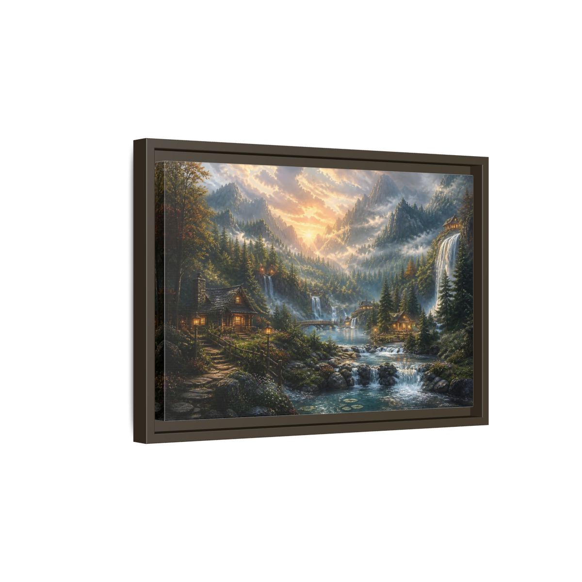 Side Mockup 5. Sunlit Mountain Valley Retreat shown as framed canvas print