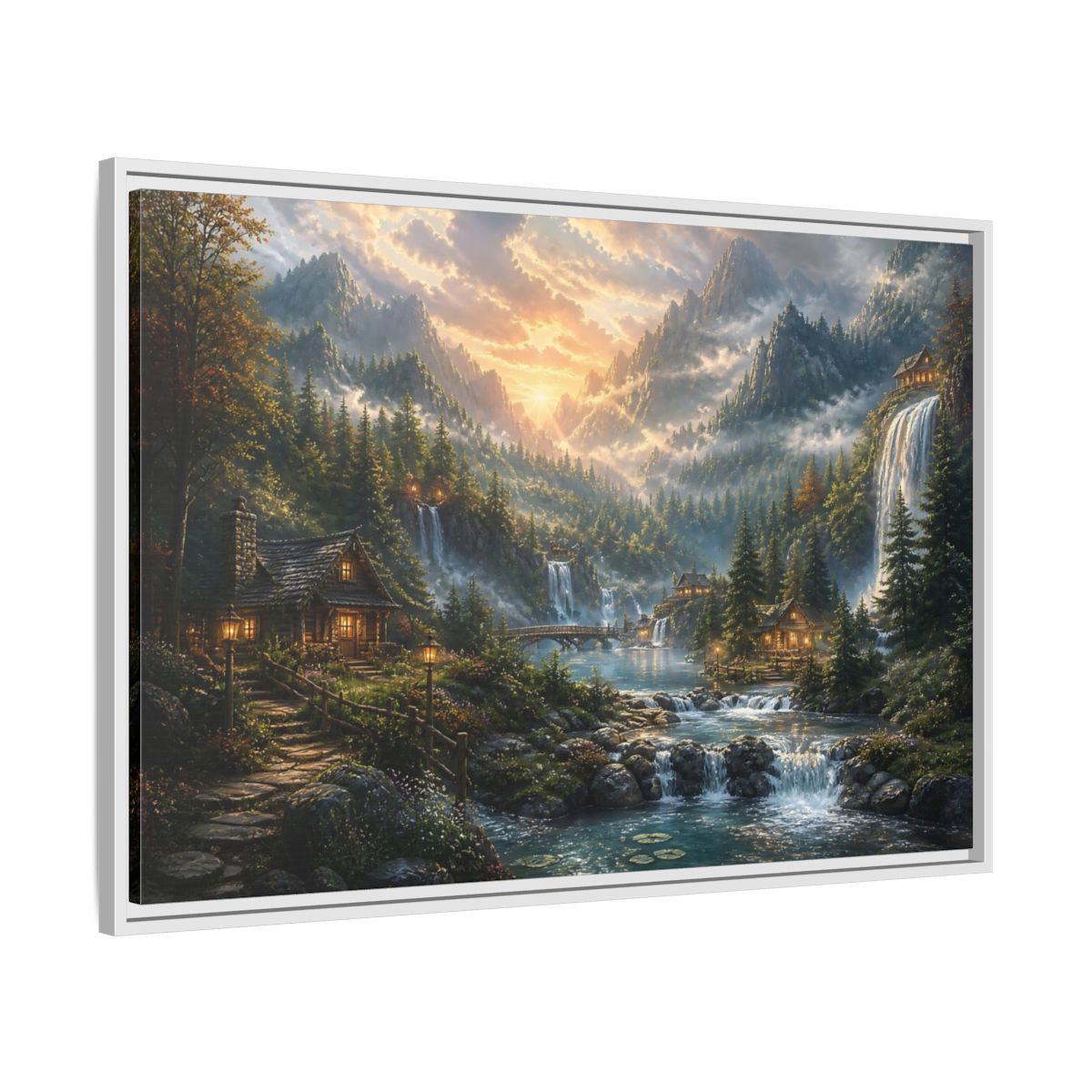 Side Mockup 9. Sunlit Mountain Valley Retreat shown as framed canvas print