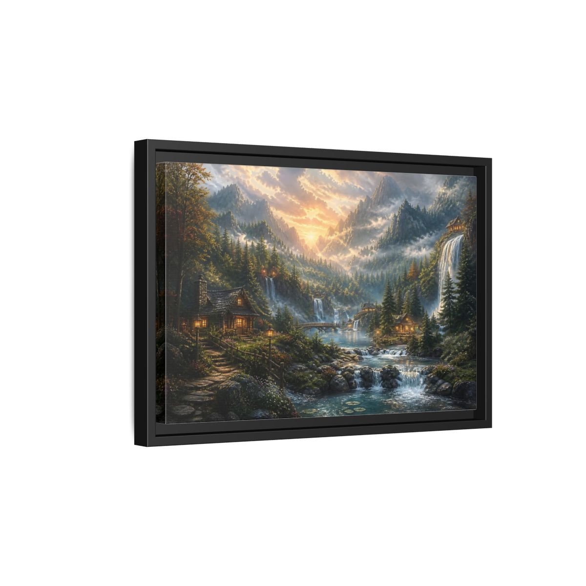Side Mockup 6. Sunlit Mountain Valley Retreat shown as framed canvas print