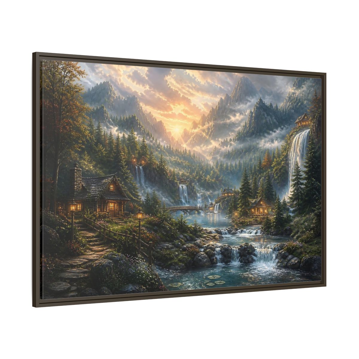 Side Mockup 8. Sunlit Mountain Valley Retreat shown as framed canvas print