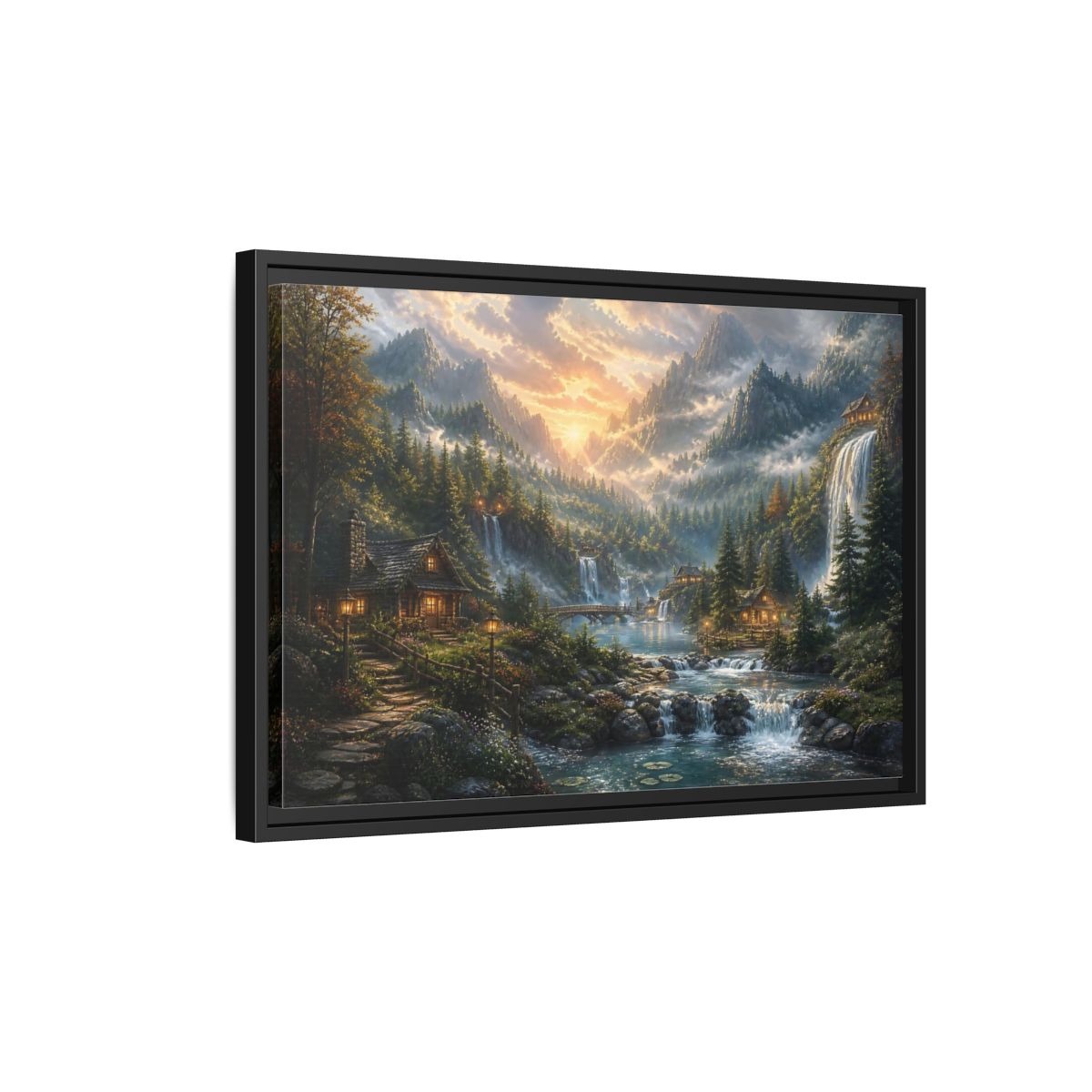 Side Mockup 3. Sunlit Mountain Valley Retreat shown as framed canvas print