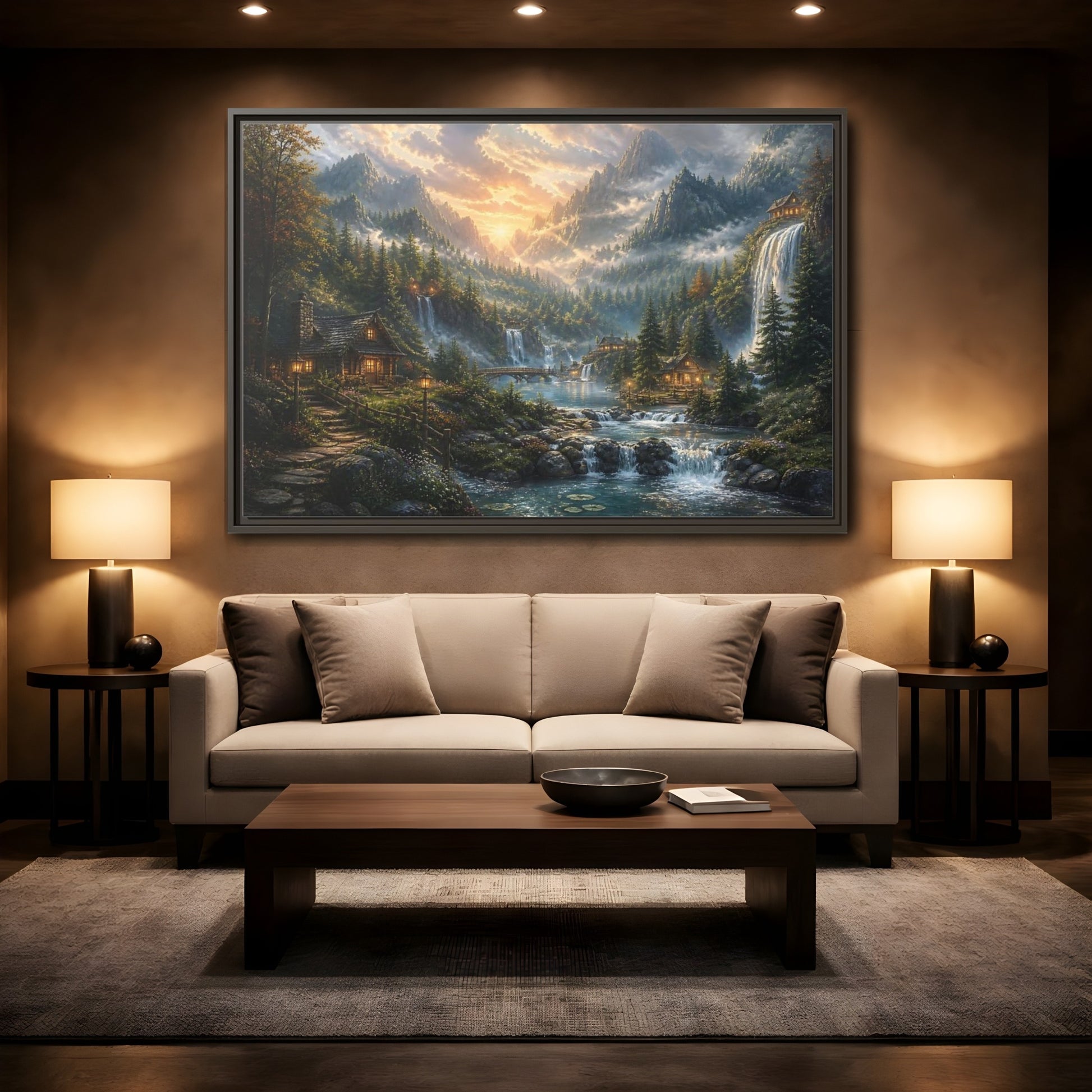 Mockup 2. Sunlit Mountain Valley Retreat shown as framed canvas print