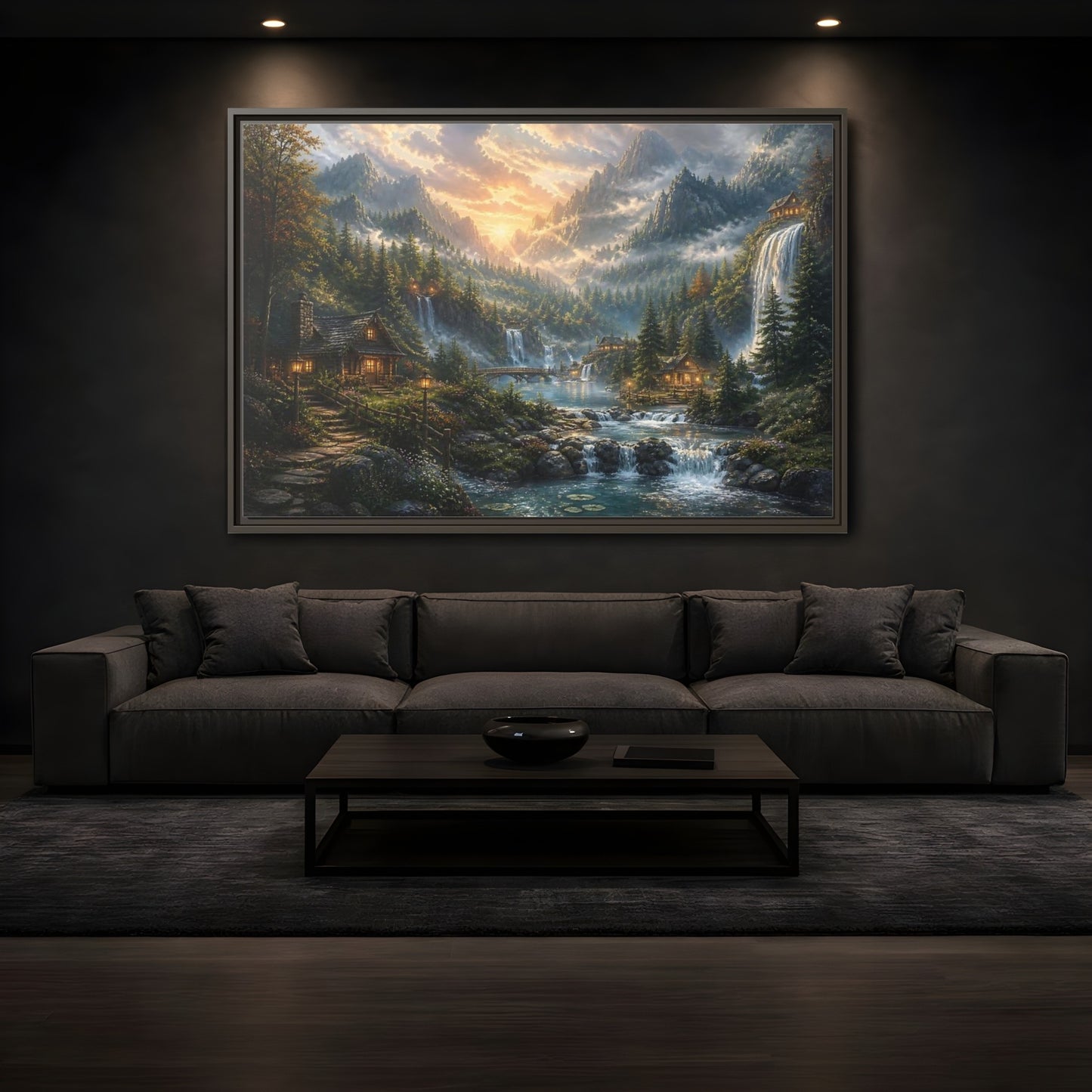 Mockup 3. Sunlit Mountain Valley Retreat shown as framed canvas print
