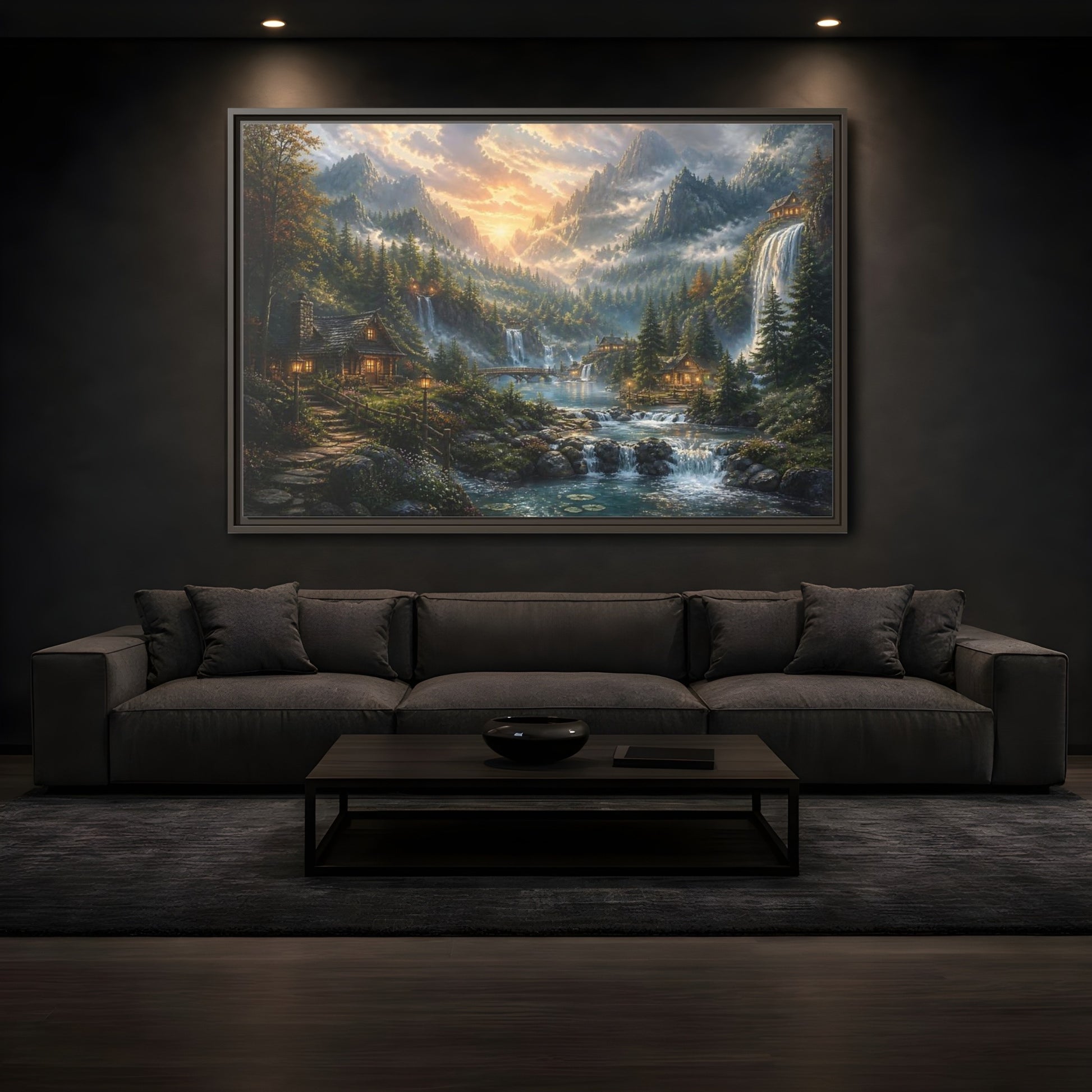 Mockup 3. Sunlit Mountain Valley Retreat shown as framed canvas print