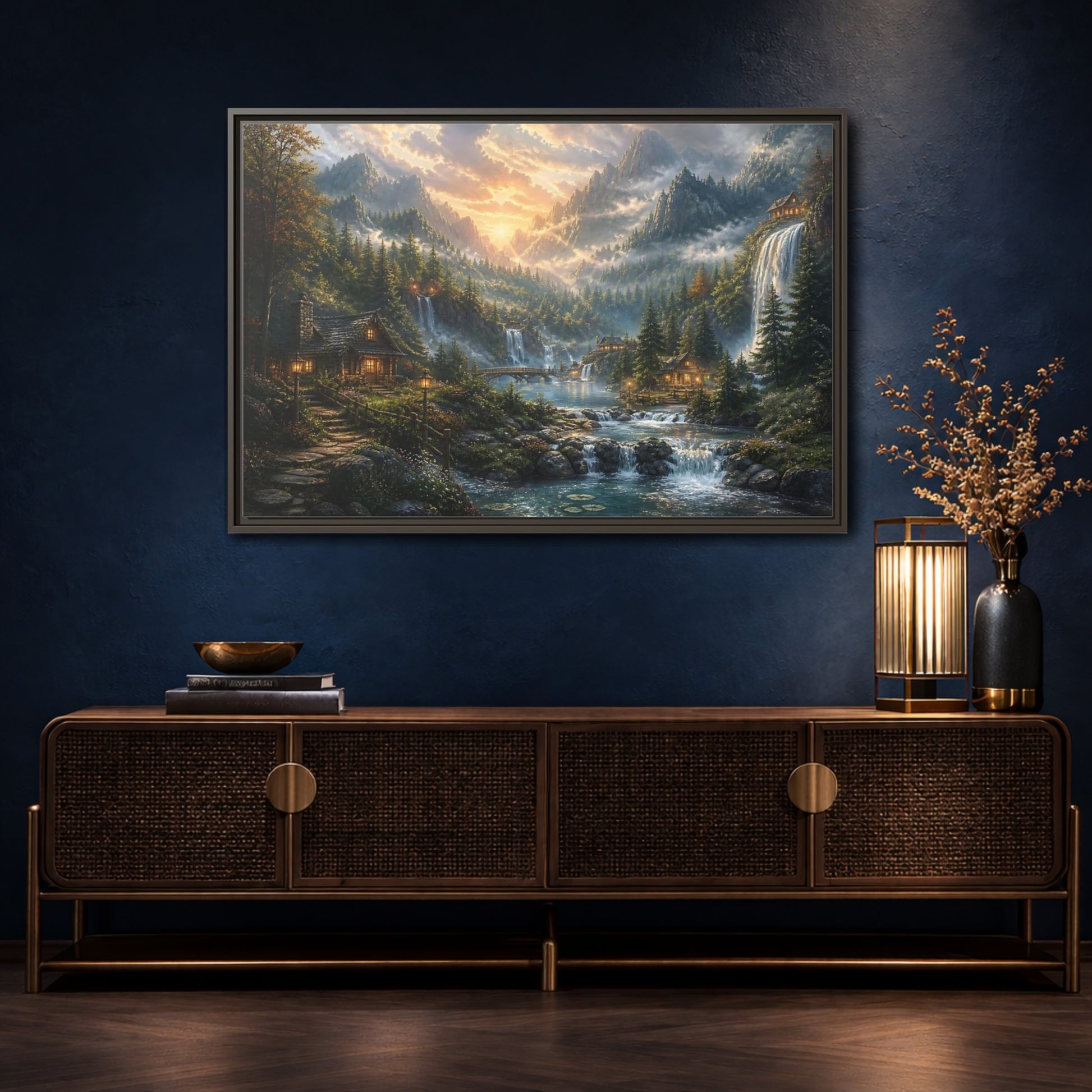 Mockup 4. Sunlit Mountain Valley Retreat shown as framed canvas print