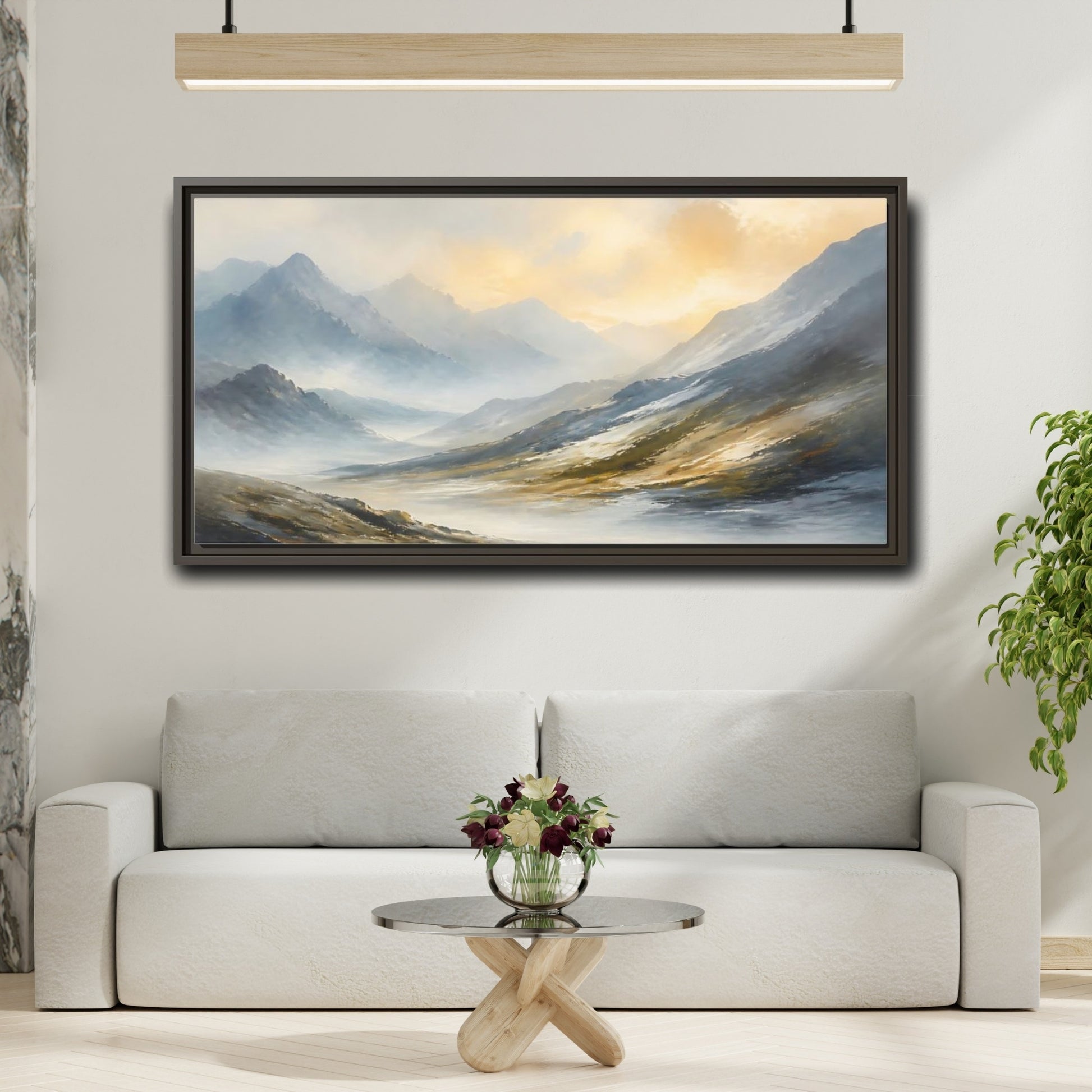 Mockup 2. Sunlit Mountain Valley shown as framed canvas print