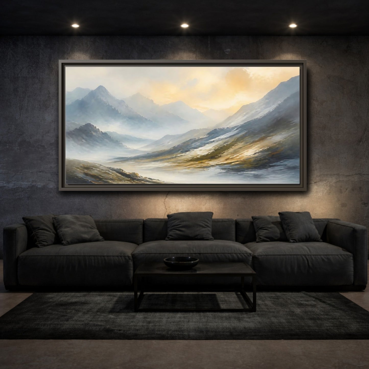Mockup 3. Sunlit Mountain Valley shown as framed canvas print