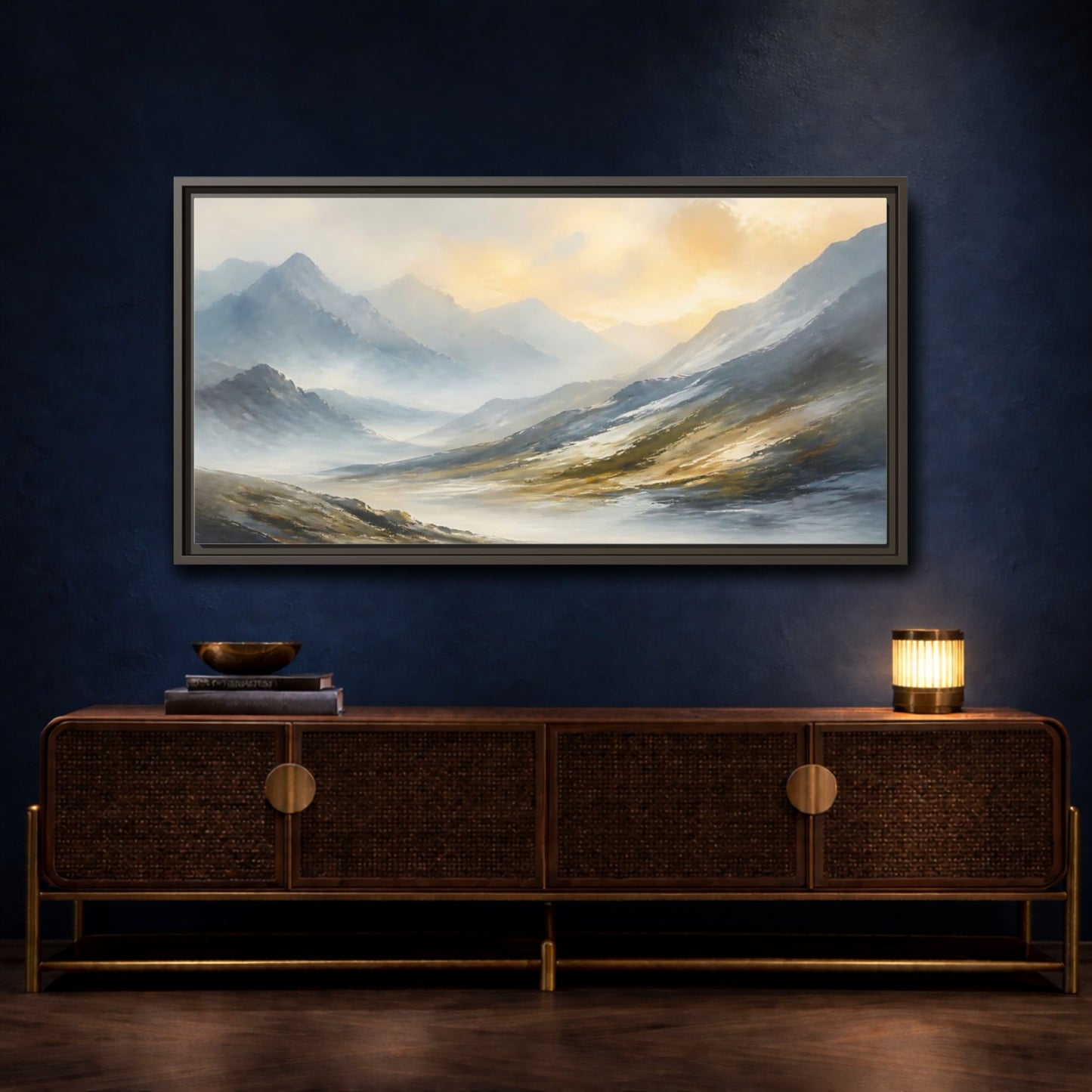 Mockup 4. Sunlit Mountain Valley shown as framed canvas print