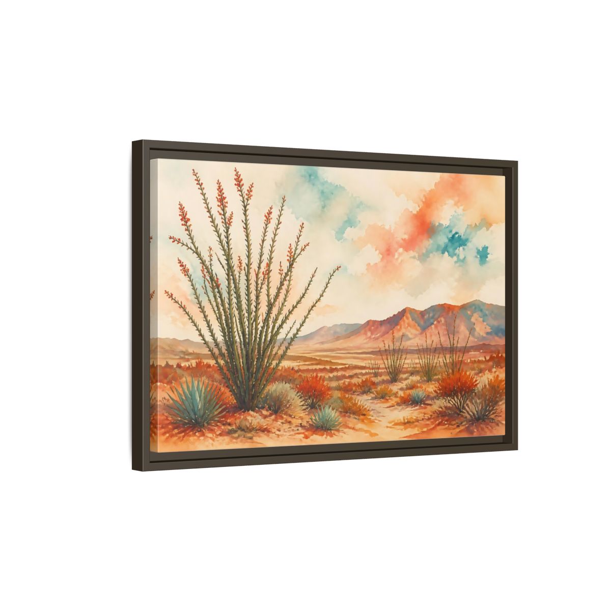 Side Mockup 2. Sunlit Ocotillo Landscape shown as framed canvas print