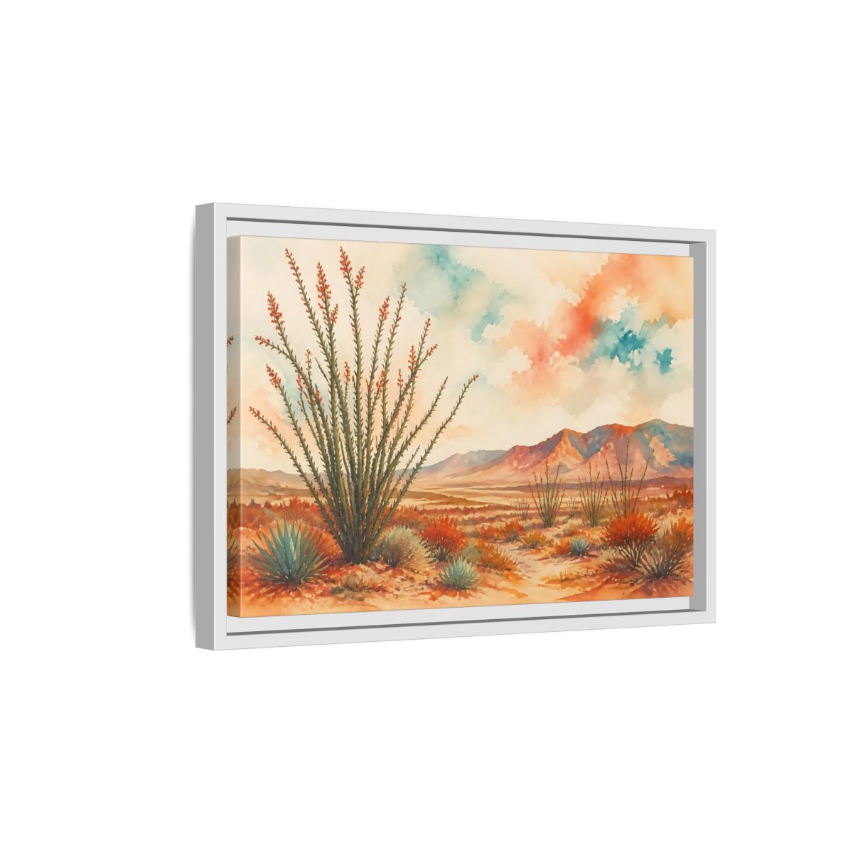 Side Mockup 4. Sunlit Ocotillo Landscape shown as framed canvas print